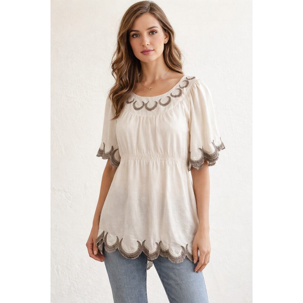 Women's Neslay Paris Ivory Embroidered Boho Tunic Blouse Scalloped Hem Sz Small